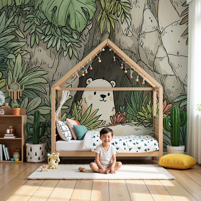 Papier peint chambre bébé | Ourson dans la jungle colorée