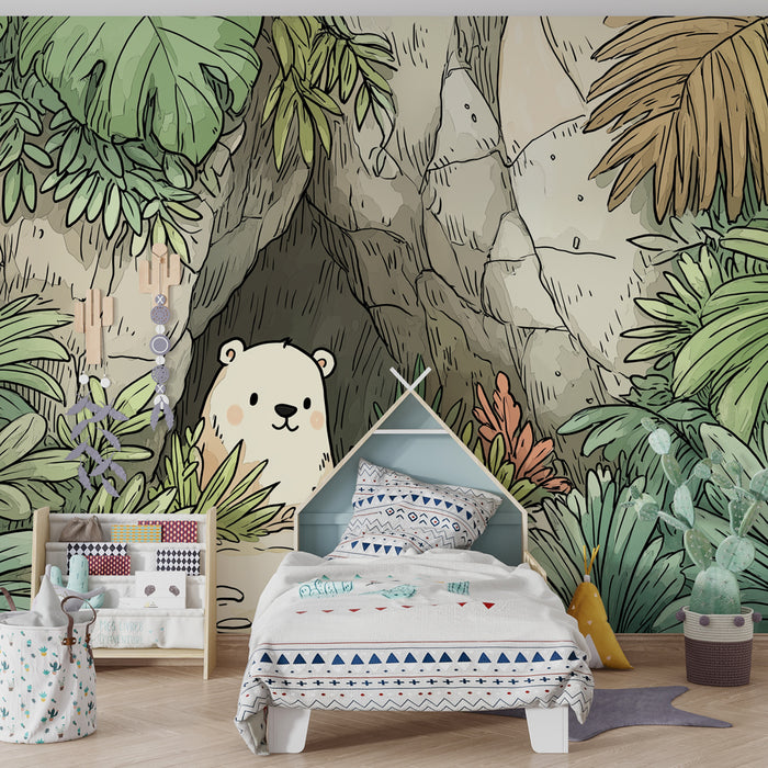 Papier peint chambre bébé | Ourson dans la jungle colorée