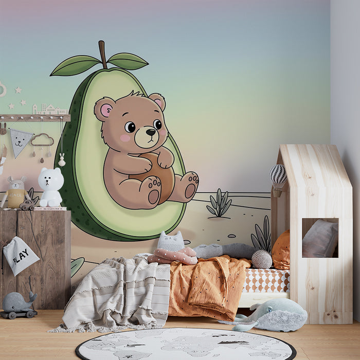 Papier peint chambre bébé | Ourson dans un avocat