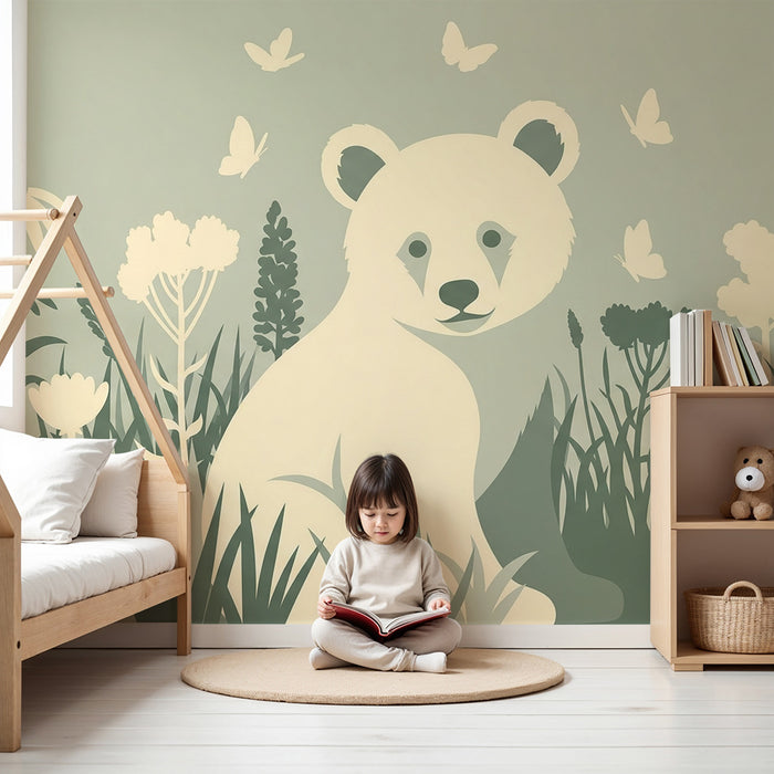 Lastenhuoneen tapetti | Karhu kukkatarhassa perhosten kanssa