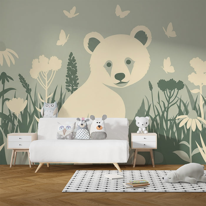 Lastenhuoneen tapetti | Karhu kukkatarhassa perhosten kanssa
