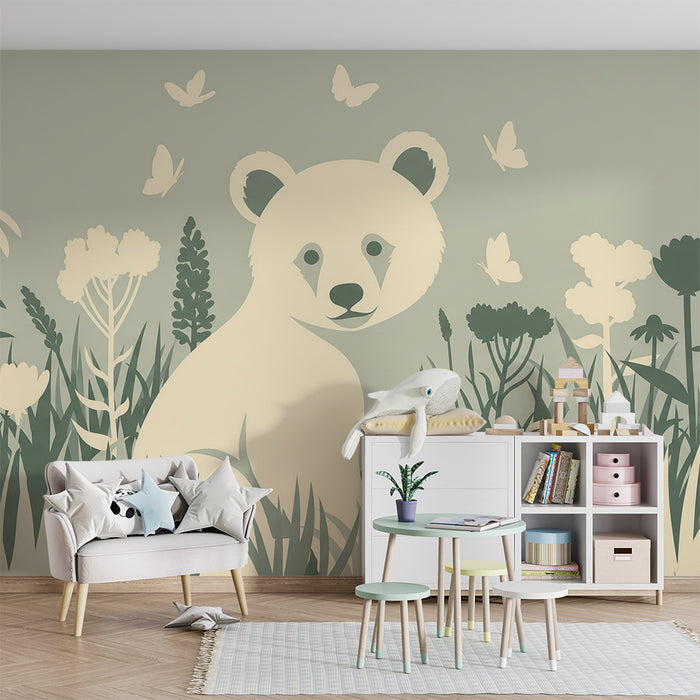 Lastenhuoneen tapetti | Karhu kukkatarhassa perhosten kanssa