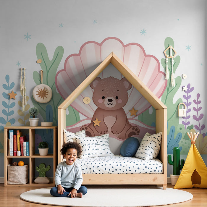 Papier peint chambre bébé | Ourson dans une coquille au fond marin