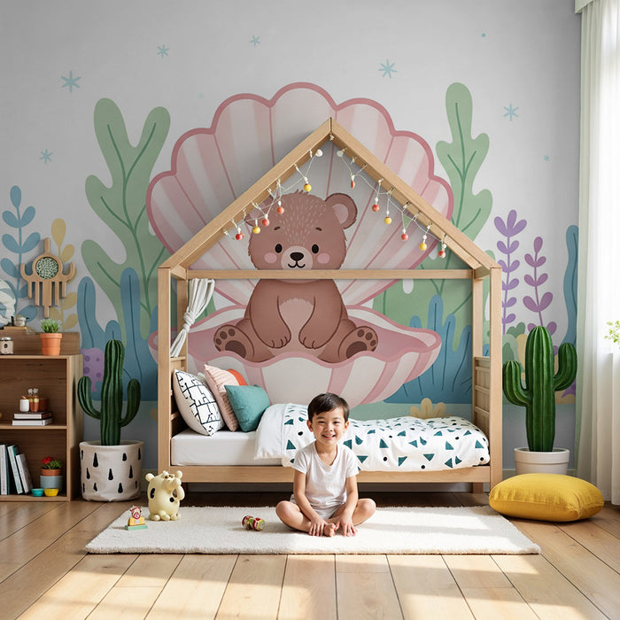 Papier peint chambre bébé | Ourson dans une coquille au fond marin