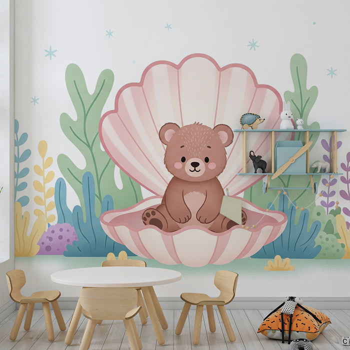 Papier peint chambre bébé | Ourson dans une coquille au fond marin