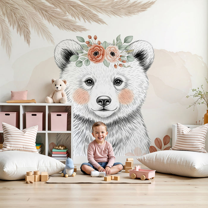 Lastenhuoneen tapetti | Herkkä karhu kukkien kanssa