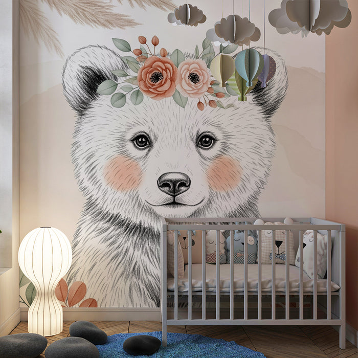 Lastenhuoneen tapetti | Herkkä karhu kukkien kanssa