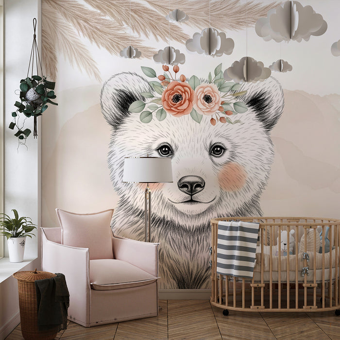 Lastenhuoneen tapetti | Herkkä karhu kukkien kanssa