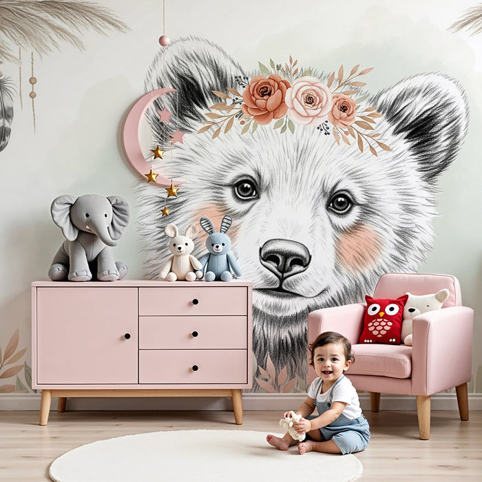 Papier peint chambre bébé | Ourson délicat avec fleurs et plumes