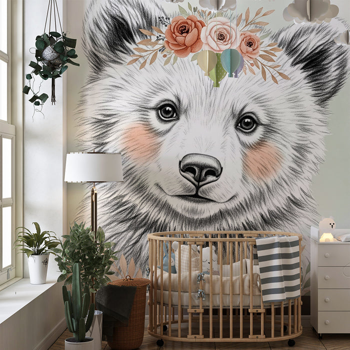 Papier peint chambre bébé | Ourson délicat avec fleurs et plumes