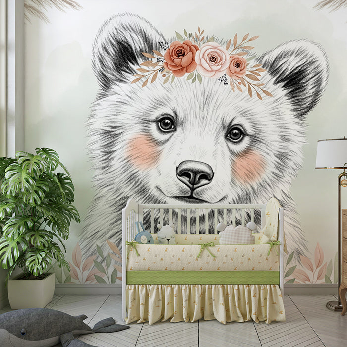 Papier peint chambre bébé | Ourson délicat avec fleurs et plumes