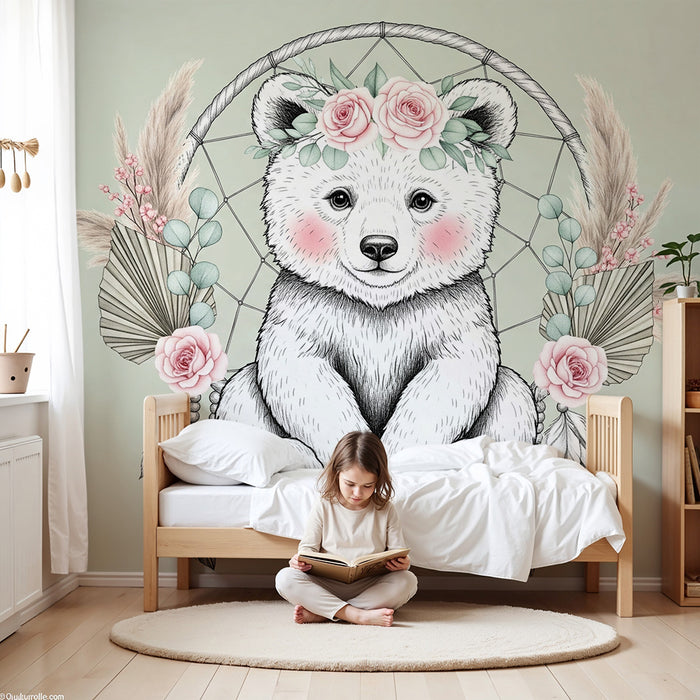 Papier peint chambre bébé | Ourson délicat et fleurs