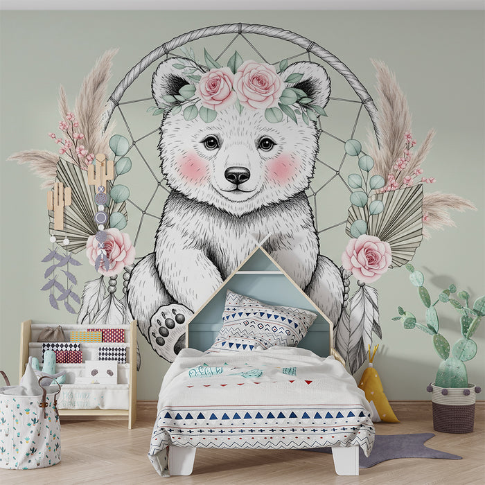 Papier peint chambre bébé | Ourson délicat et fleurs