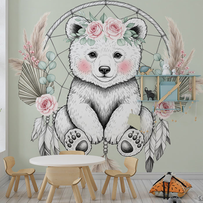 Papier peint chambre bébé | Ourson délicat et fleurs