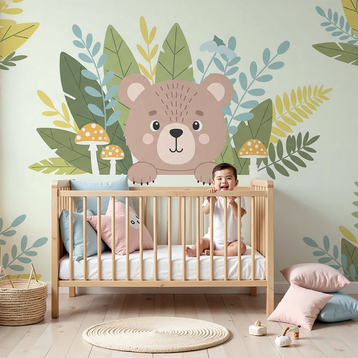 Papel pintado infantil | Osito escondido entre las hojas de un bosque