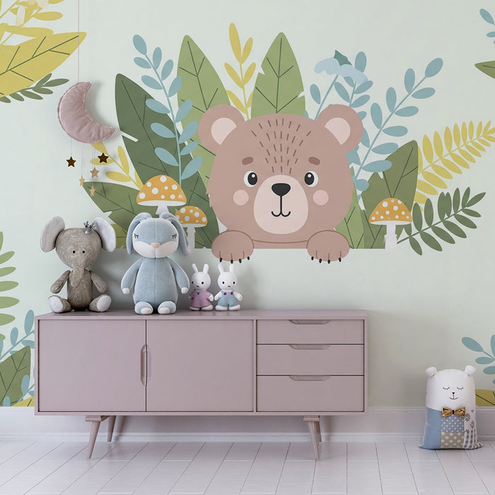 Papel pintado infantil | Osito escondido entre las hojas de un bosque
