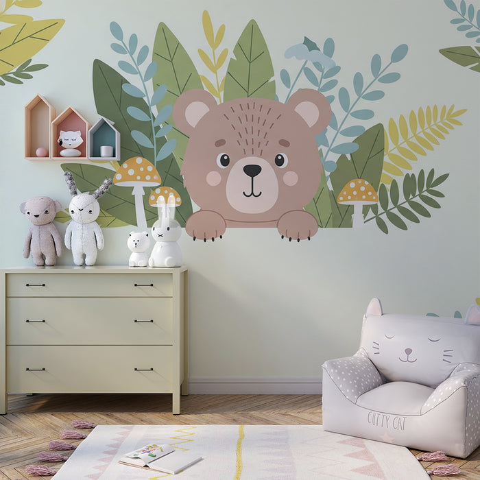 Papel pintado infantil | Osito escondido entre las hojas de un bosque