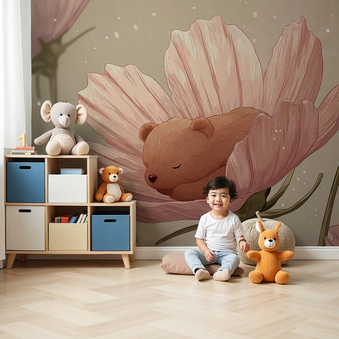 Babykamer behang | Slapende beer in het hart van betoverde bloemen