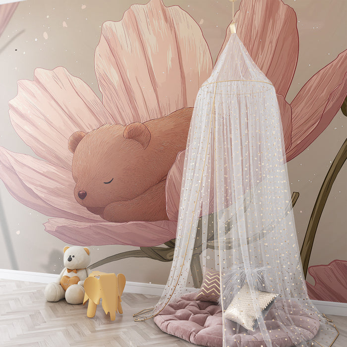 Babykamer behang | Slapende beer in het hart van betoverde bloemen