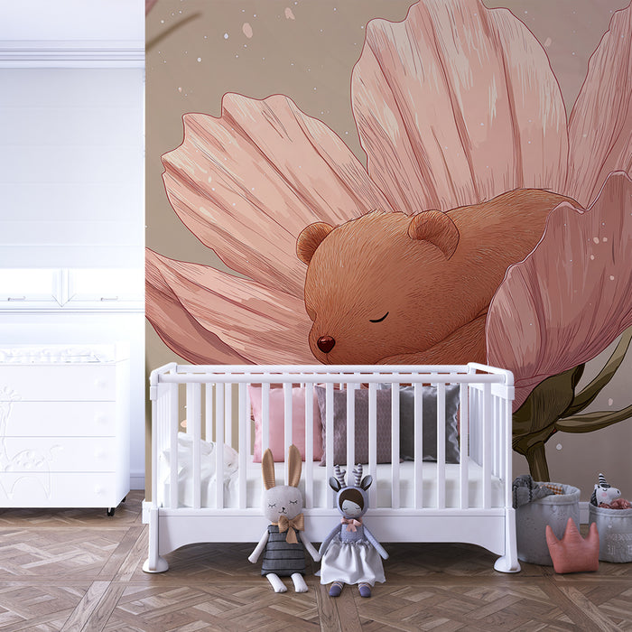 Babykamer behang | Slapende beer in het hart van betoverde bloemen
