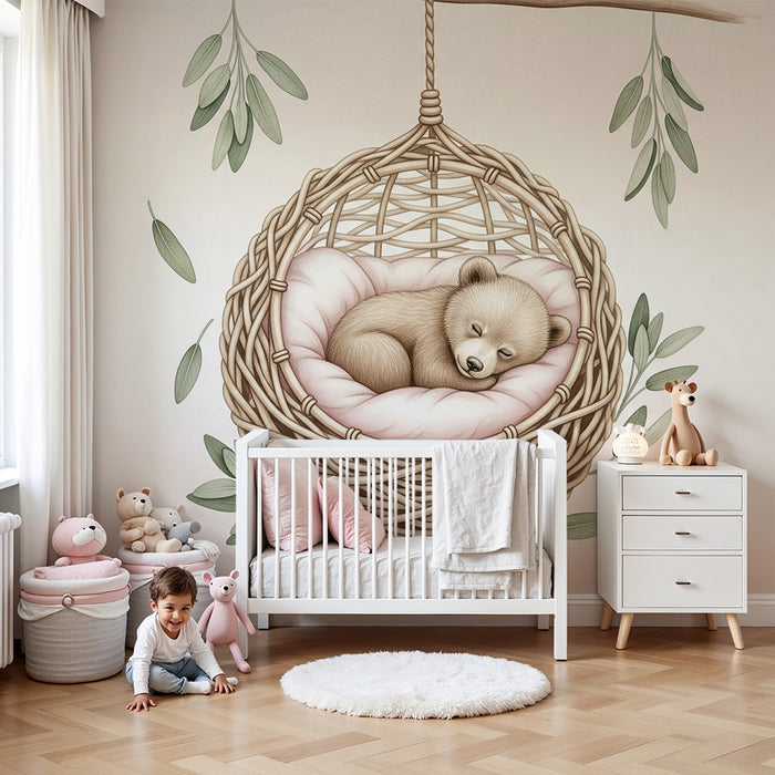 Carta da parati bambini | Orso addormentato in un nido accogliente
