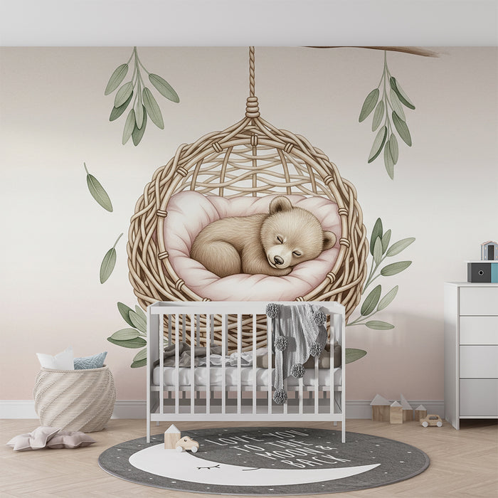 Carta da parati bambini | Orso addormentato in un nido accogliente