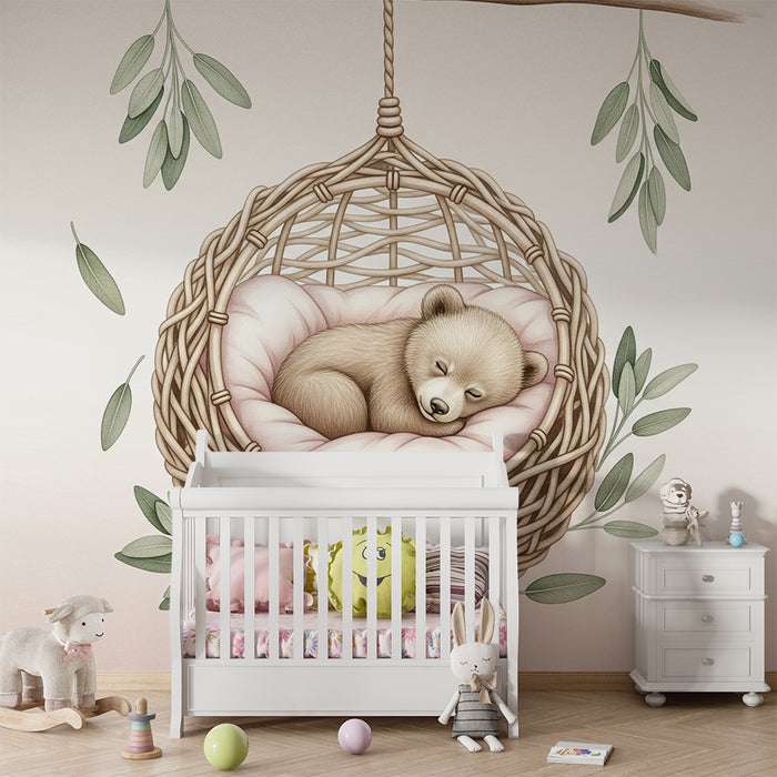 Carta da parati bambini | Orso addormentato in un nido accogliente