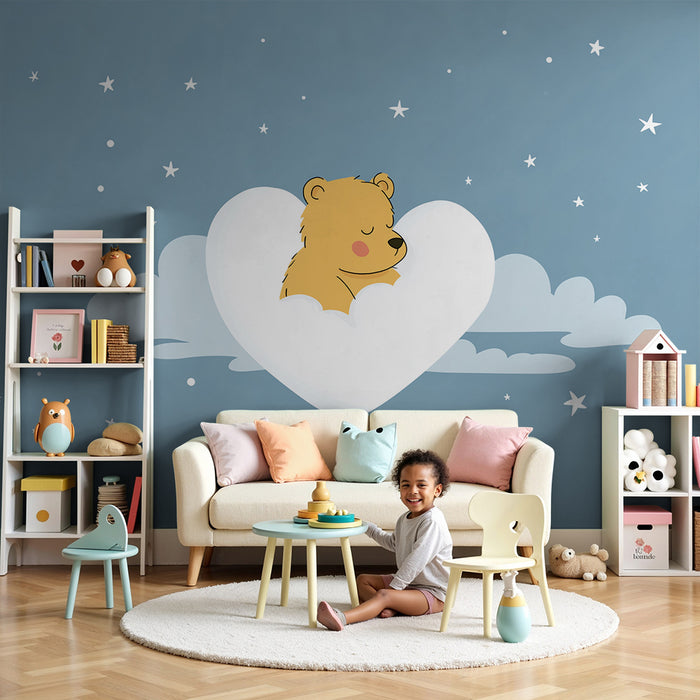 Carta da parati bambini | Orso addormentato su una nuvola con stelle