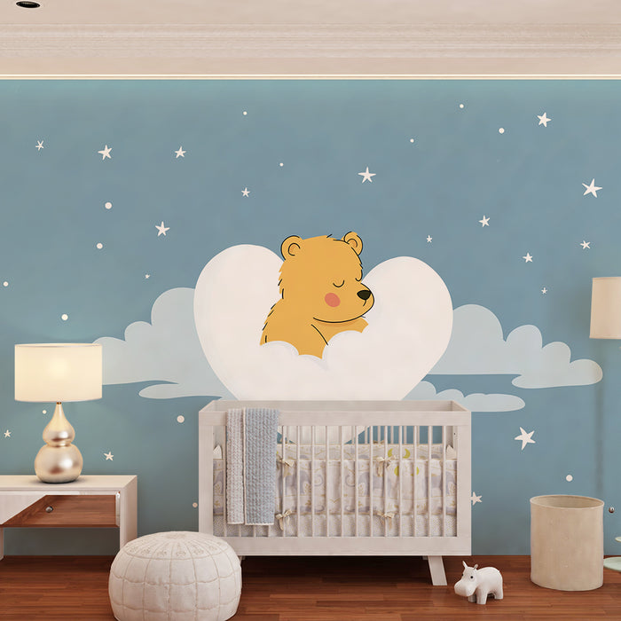 Carta da parati bambini | Orso addormentato su una nuvola con stelle