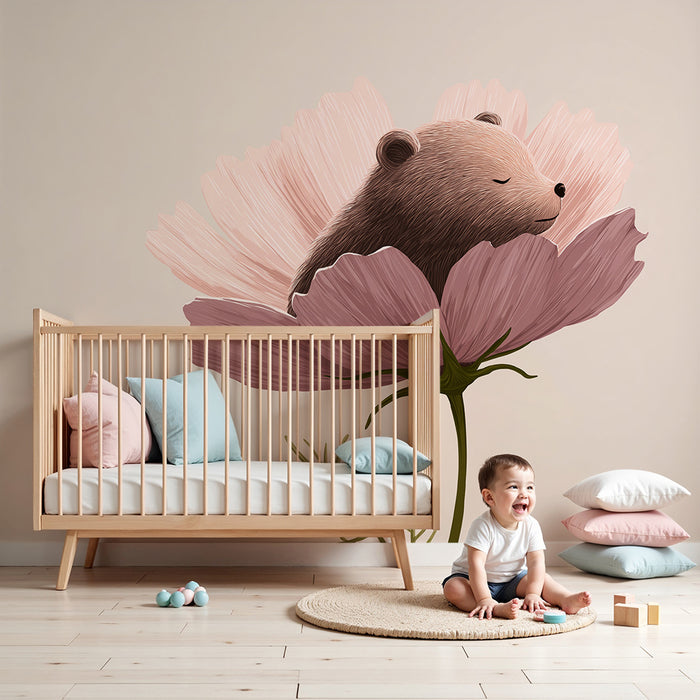 Papel de parede quarto bebê | Ursuleț adormit într-o floare delicată