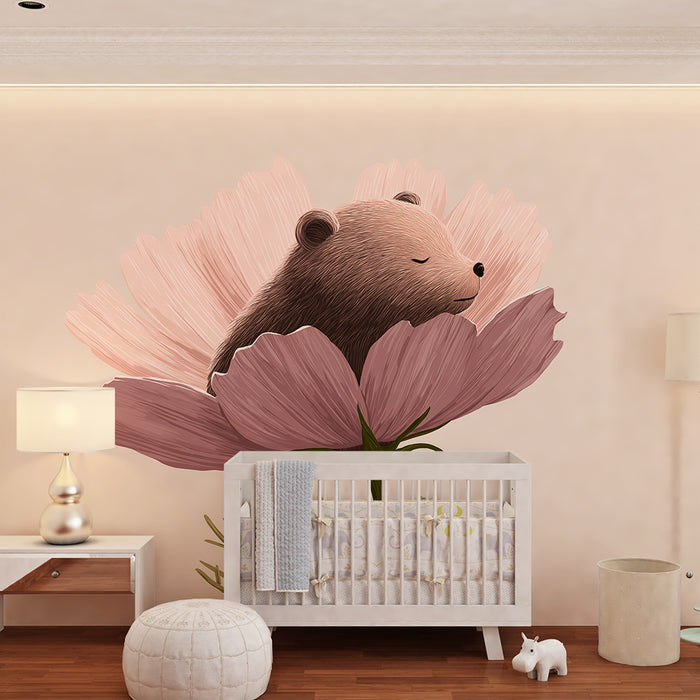 Papel de parede quarto bebê | Ursuleț adormit într-o floare delicată