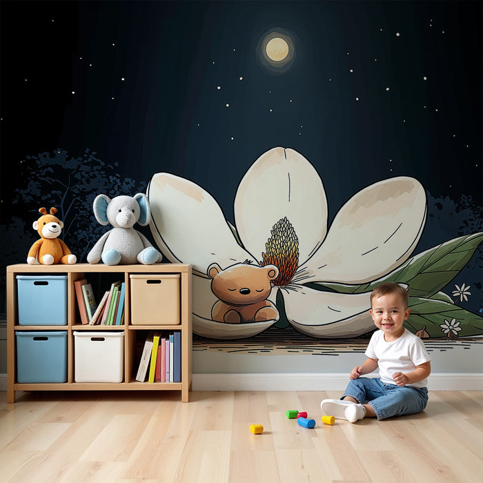 Papel de parede quarto bebê | Urso adormecido numa flor brilhante sob a lua