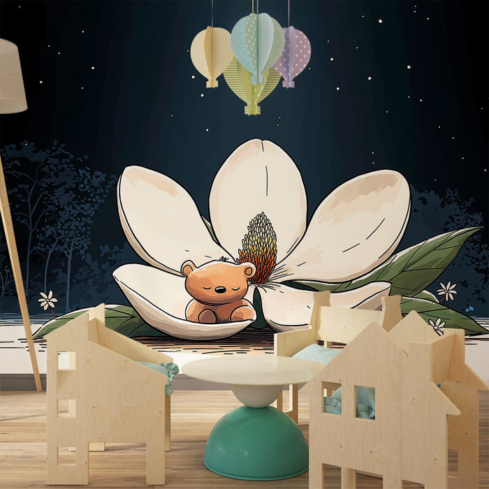 Papel de parede quarto bebê | Urso adormecido numa flor brilhante sob a lua