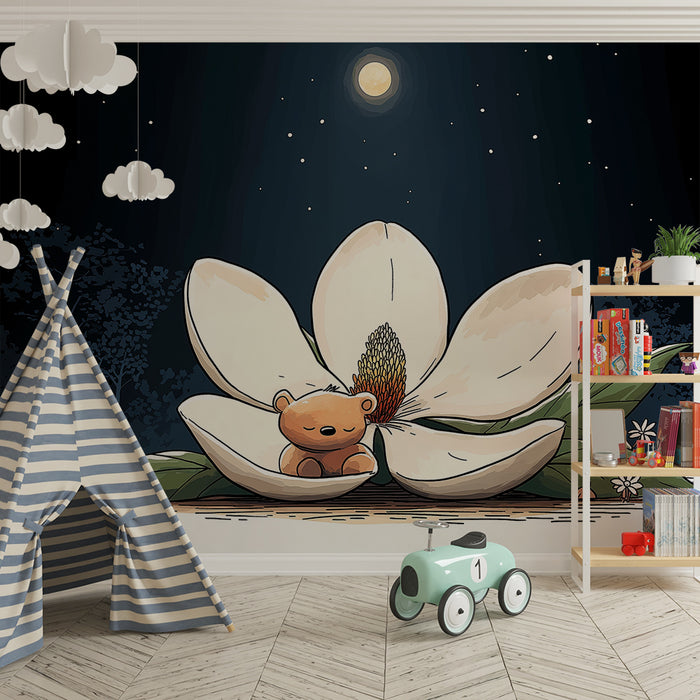 Papel de parede quarto bebê | Urso adormecido numa flor brilhante sob a lua
