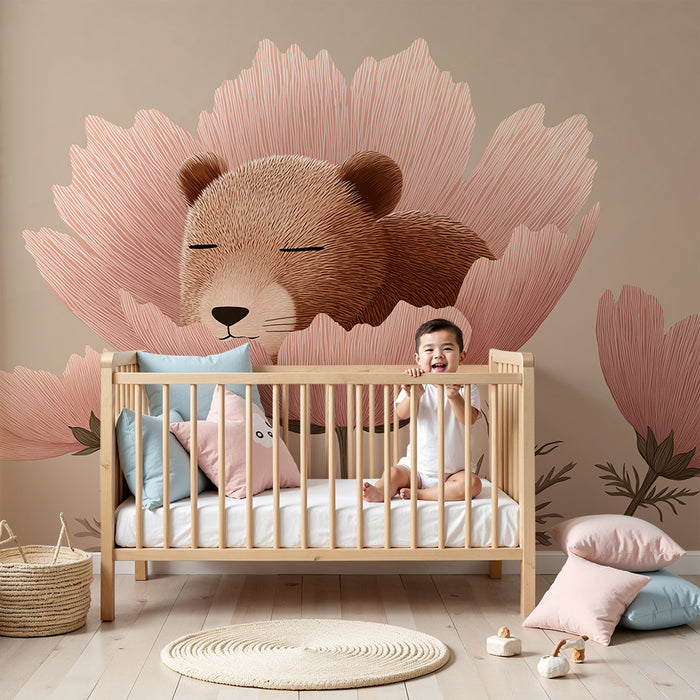 Babykamer behang | Slapende beer in een roze bloem