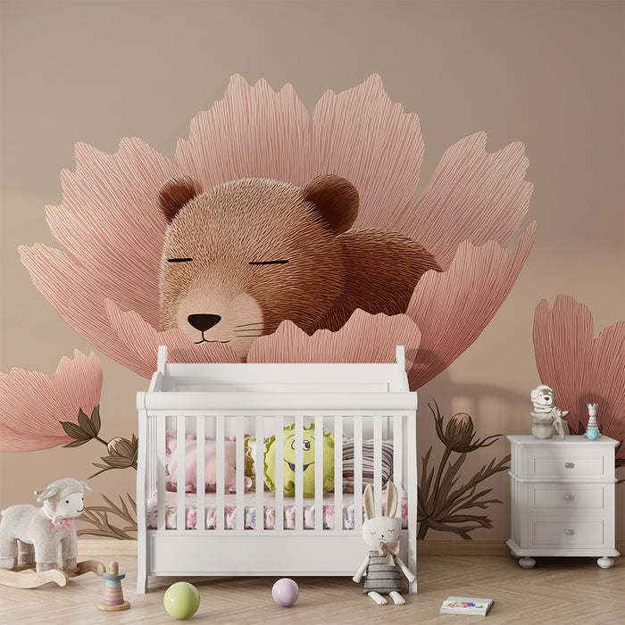 Babykamer behang | Slapende beer in een roze bloem