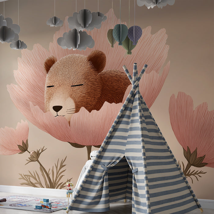 Babykamer behang | Slapende beer in een roze bloem