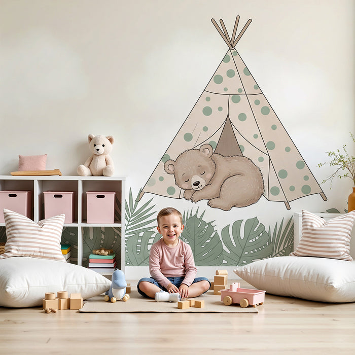 Papel pintado infantil | Osito durmiendo en una tienda