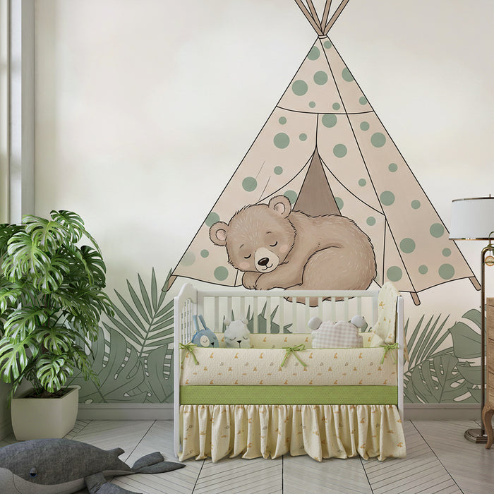 Papel pintado infantil | Osito durmiendo en una tienda