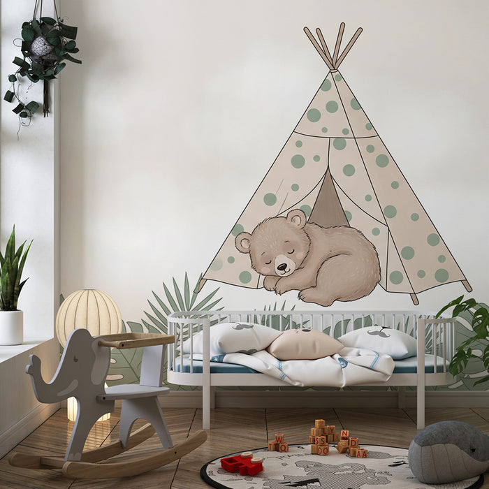 Papel pintado infantil | Osito durmiendo en una tienda
