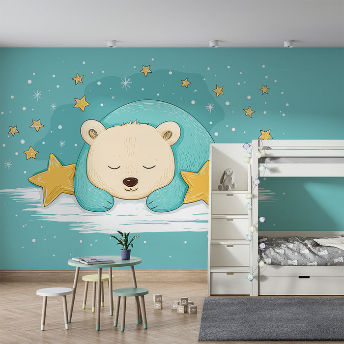 Lastenhuoneen tapetti | Nukkuva karhu ympäröi kultaisia tähtiä