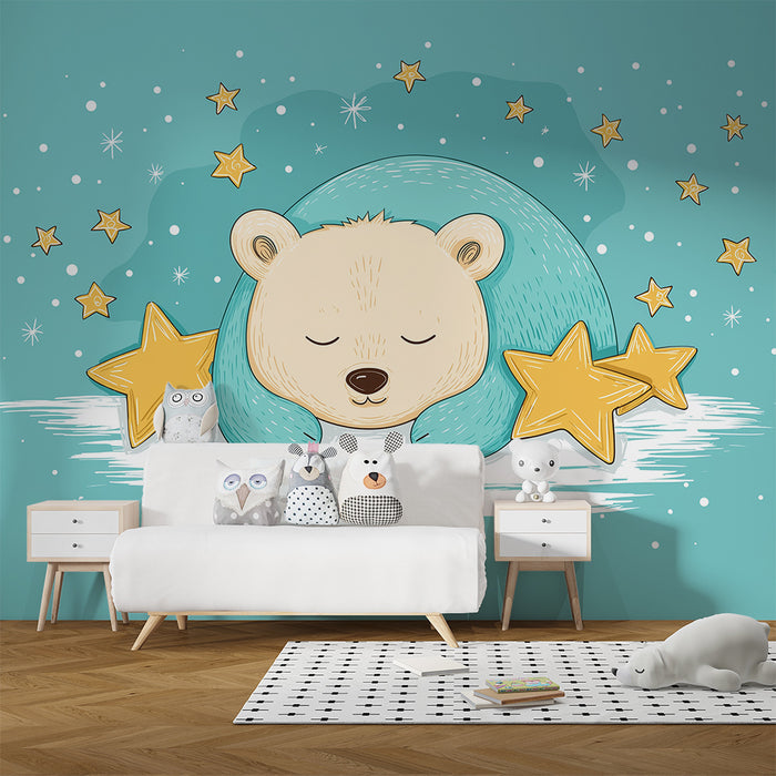 Lastenhuoneen tapetti | Nukkuva karhu ympäröi kultaisia tähtiä