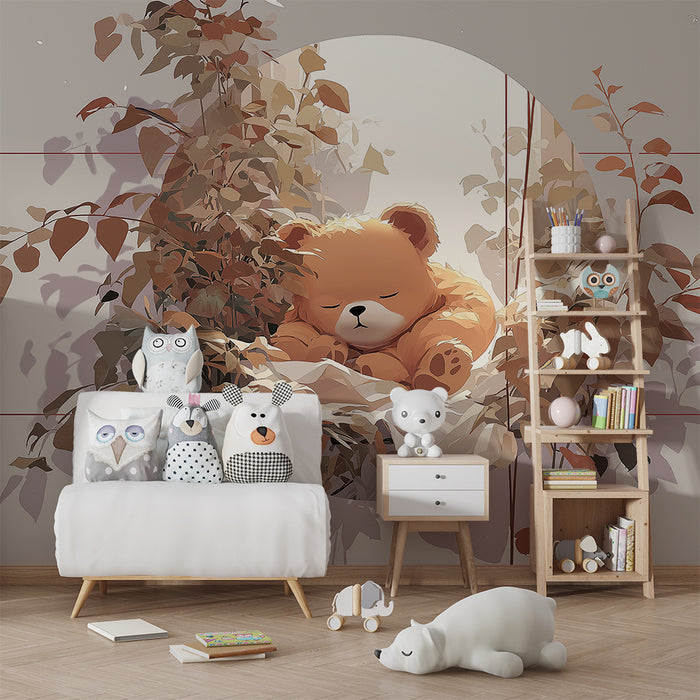 Babykamer behang | Slapende beer omringd door zachte bladeren