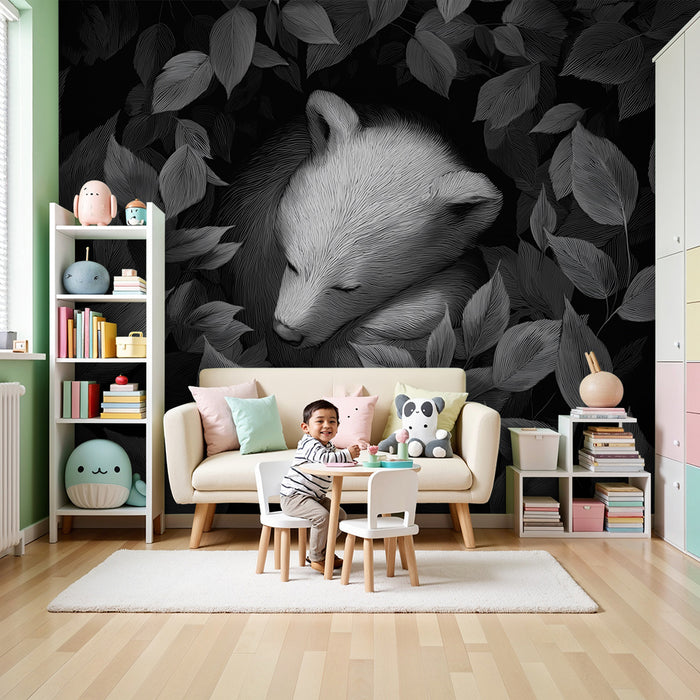 Papel pintado para habitación infantil | Osito dormido rodeado de hojas delicadas