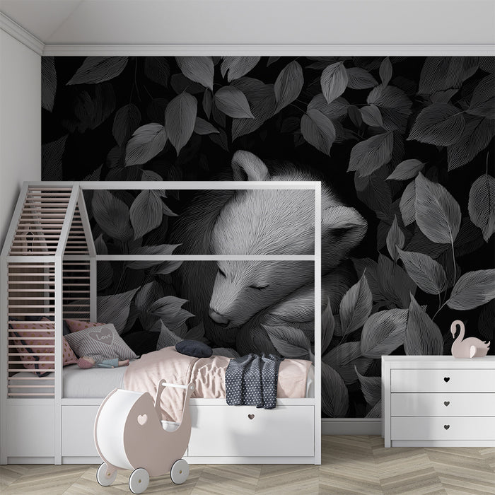 Papel pintado para habitación infantil | Osito dormido rodeado de hojas delicadas