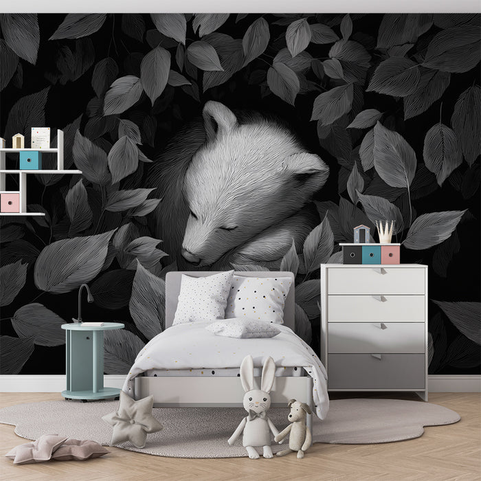 Papel pintado para habitación infantil | Osito dormido rodeado de hojas delicadas