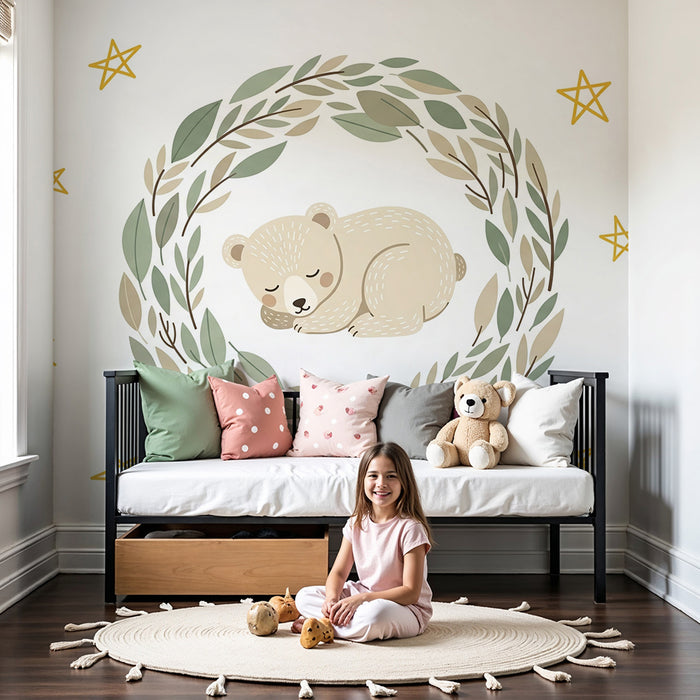 Papel de parede quarto bebê | Urso adormecido e estrelas douradas