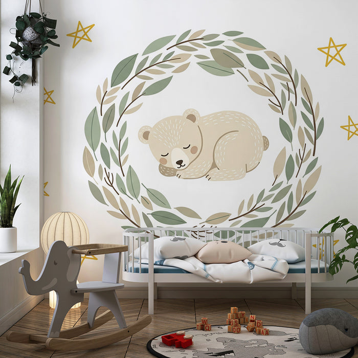 Papel de parede quarto bebê | Urso adormecido e estrelas douradas