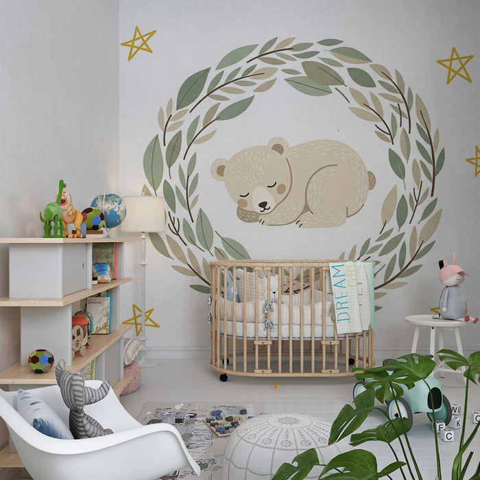Papel de parede quarto bebê | Urso adormecido e estrelas douradas