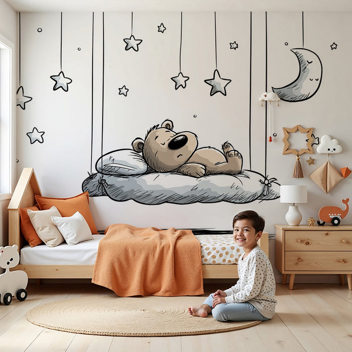 Lastenhuoneen tapetti | Unikeko karhu tähtien ja kuun keskellä